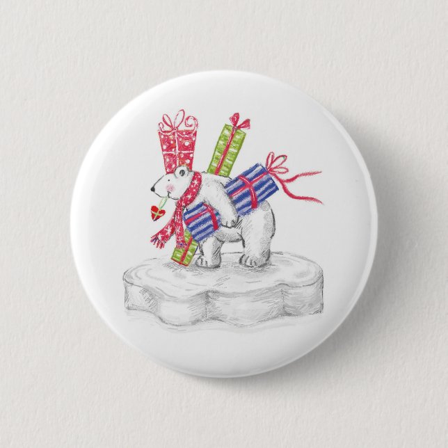 Niedlicher Cartoon Eisbär mit Weihnachtsgeschenken Button (Vorderseite)