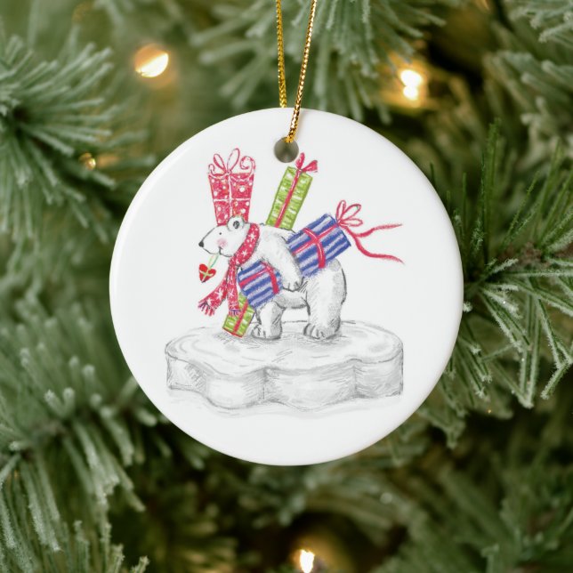 Niedlicher Cartoon Eisbär mit Weihnachtsgeschenken Keramikornament (Baum)