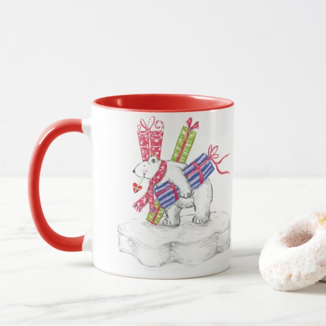 Niedlicher Cartoon Eisbär mit Weihnachtsgeschenken Tasse (Mit Donut)