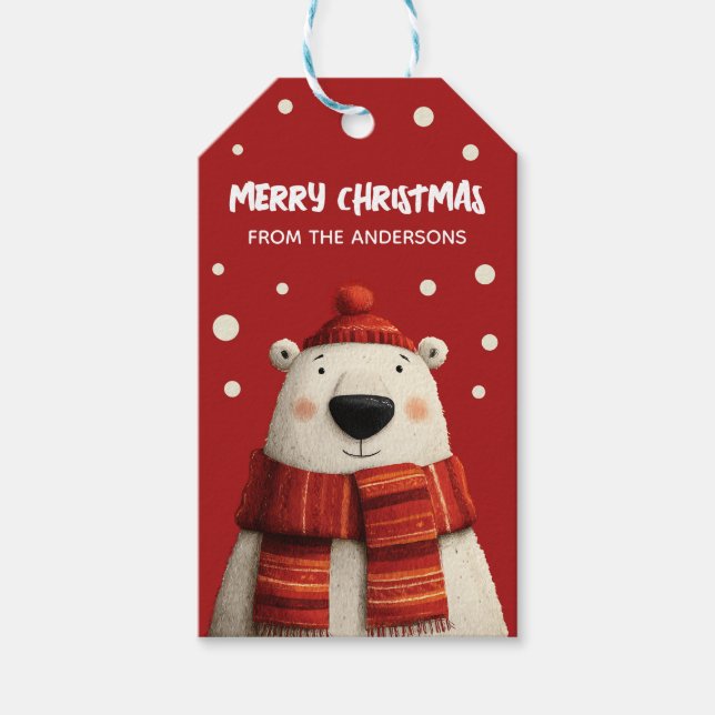 Niedlicher Cartoon Eisbär Rot Frohe Weihnachten vo Geschenkanhänger (Vorderseite)