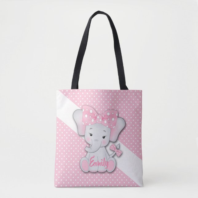 Niedlicher Cartoon-Elefant auf einem rosa weißen P Tasche (Vorderseite)