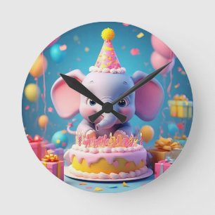 Niedlicher Cartoon-Elefant feiert Geburtstag Runde Wanduhr