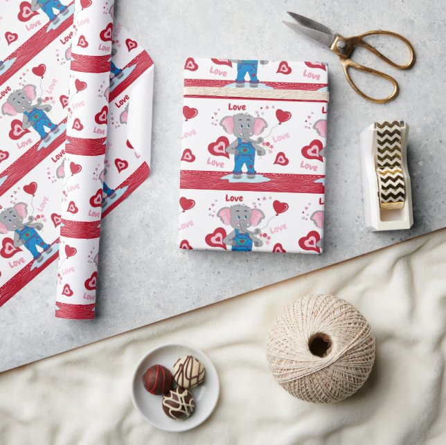 Niedlicher Cartoon Elephant und Herzmuster  Geschenkpapier (Kunsthandwerk)