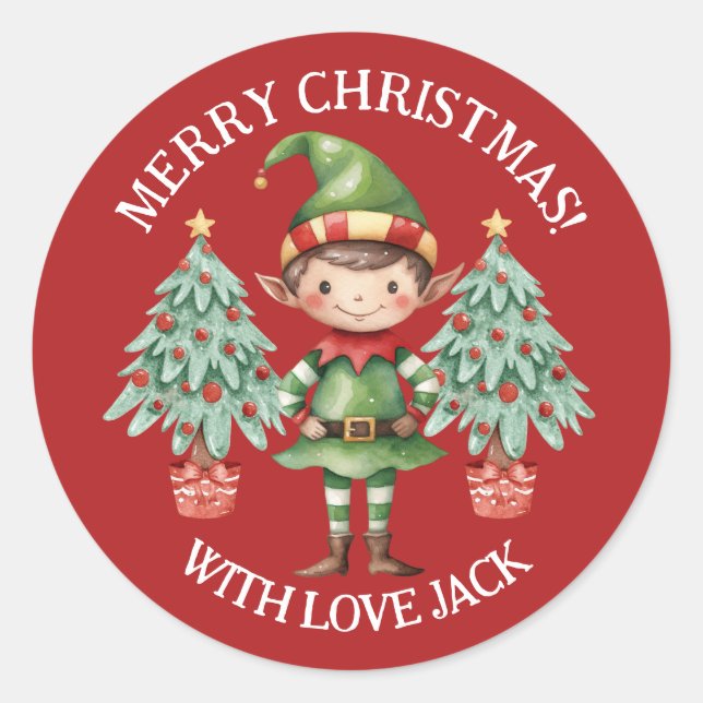 Niedlicher Cartoon Elf Boy Frohe Weihnachtsbrief Runder Aufkleber (Vorderseite)