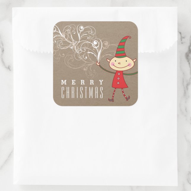 Niedlicher Cartoon Elf Wirbel Magischer Weihnachts Quadratischer Aufkleber (Tasche)