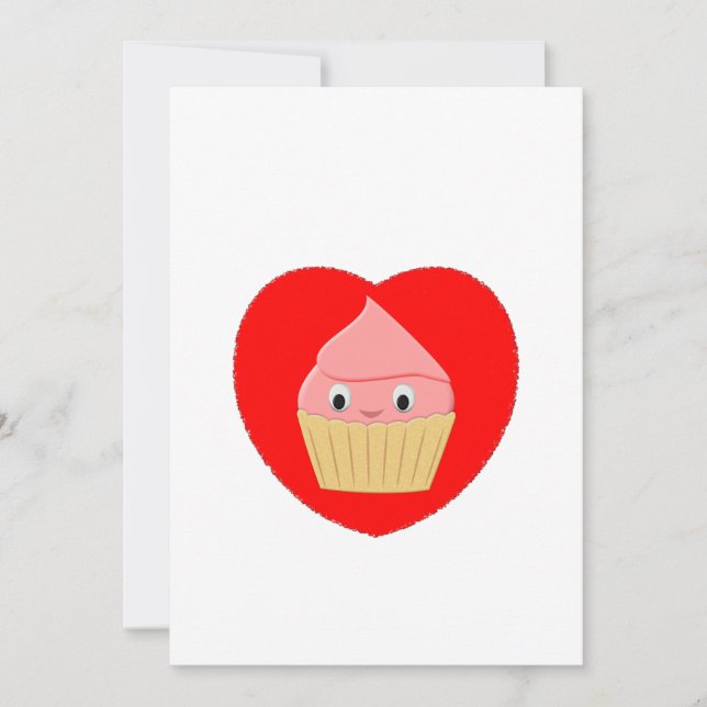 Niedlicher Cartoon Erdbeere Cupcake im Roten Herze Einladung (Vorderseite)