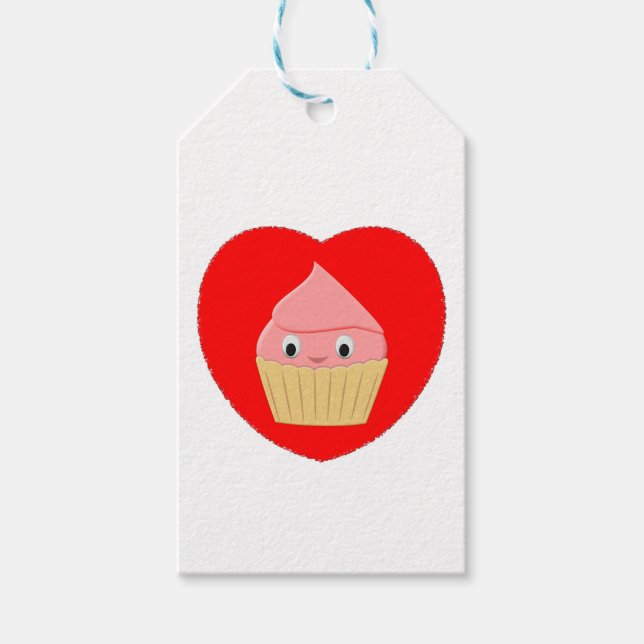 Niedlicher Cartoon Erdbeere Cupcake im Roten Herze Geschenkanhänger (Vorderseite)