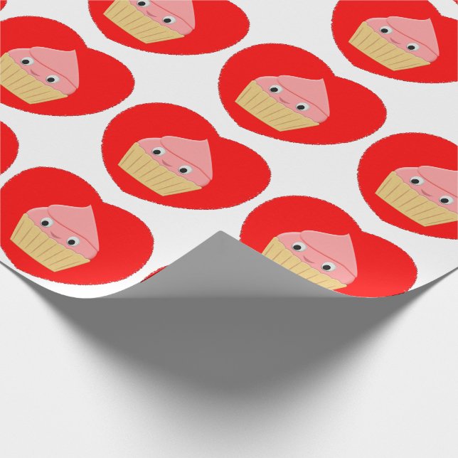 Niedlicher Cartoon Erdbeere Cupcake im Roten Herze Geschenkpapier (Ecke)