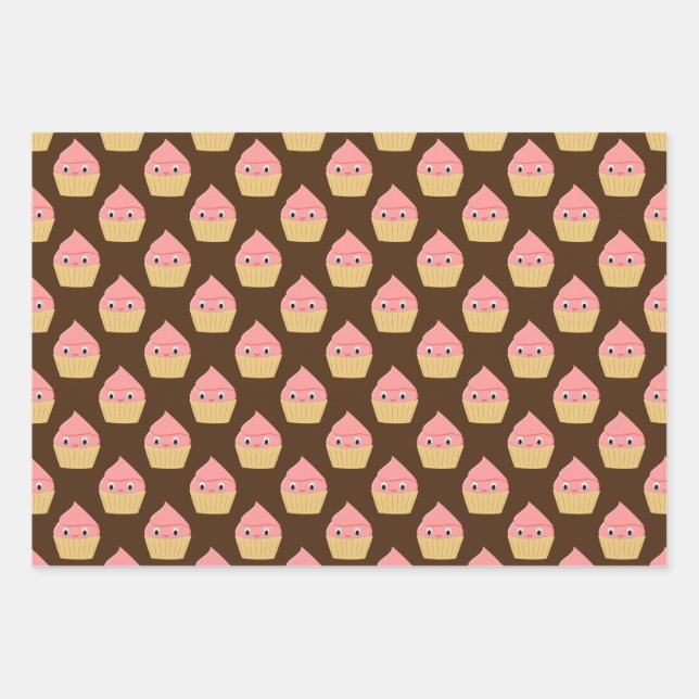 Niedlicher Cartoon Erdbeere Cupcake on Brown Geschenkpapier Set (Vorderseite 3)
