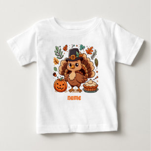 Niedlicher Cartoon Erntedank Truthahn und Kürbis Baby T-shirt