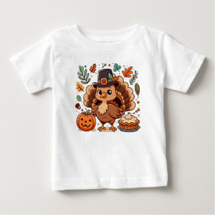 Niedlicher Cartoon Erntedank Truthahn und Kürbis Baby T-shirt
