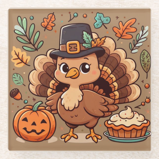 Niedlicher Cartoon Erntedank Truthahn und Kürbis Glasuntersetzer (Vorderseite)