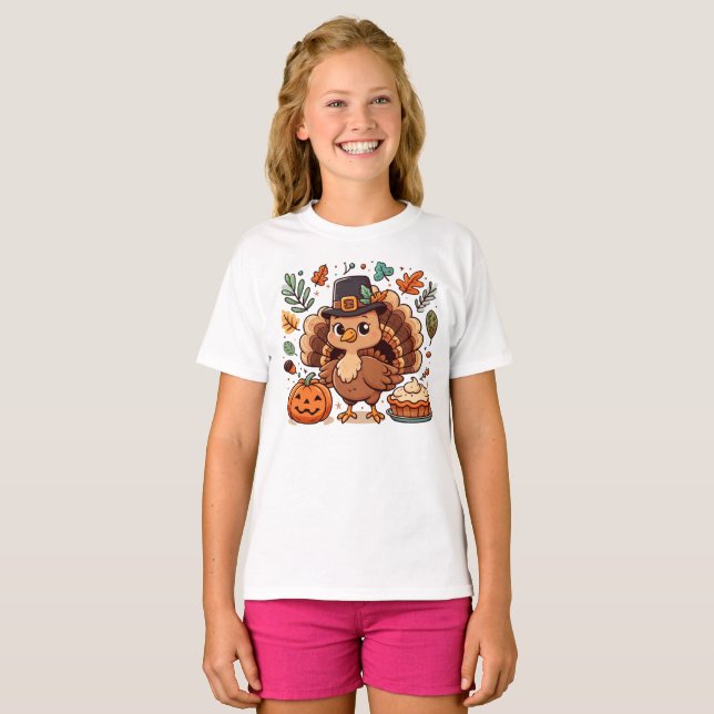 Niedlicher Cartoon Erntedank Truthahn und Kürbis T-Shirt (Vorne ganz)