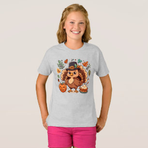 Niedlicher Cartoon Erntedank Truthahn und Kürbis T-Shirt