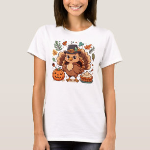 Niedlicher Cartoon Erntedank Truthahn und Kürbis T-Shirt