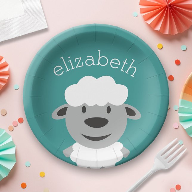 Niedlicher Cartoon Farm Sheep - Aquamarin und grau Pappteller (Custom Paper Plate for a Party)