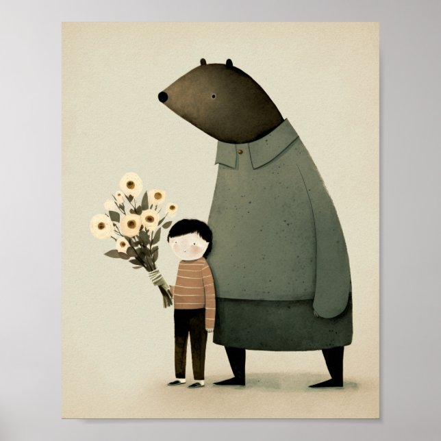 Niedlicher Cartoon Feenbär und Junge. Floral Birth Poster (Vorne)