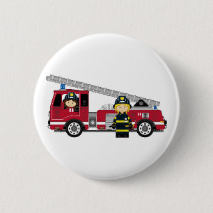 Niedlicher Cartoon-Feuerwehrmann und Feuer-Motor Button