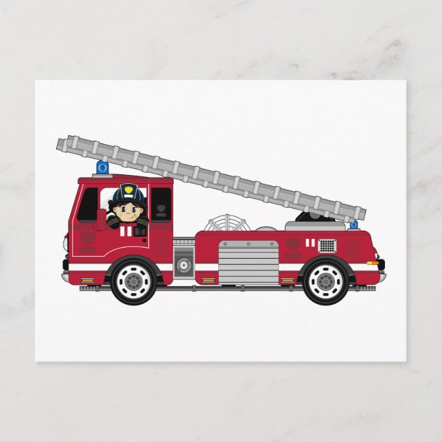 Niedlicher Cartoon Feuerwehrmann und Motor Postkarte (Vorderseite)