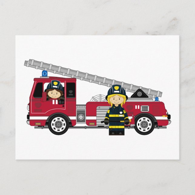 Niedlicher Cartoon Feuerwehrmann und Motor Postkarte (Vorderseite)