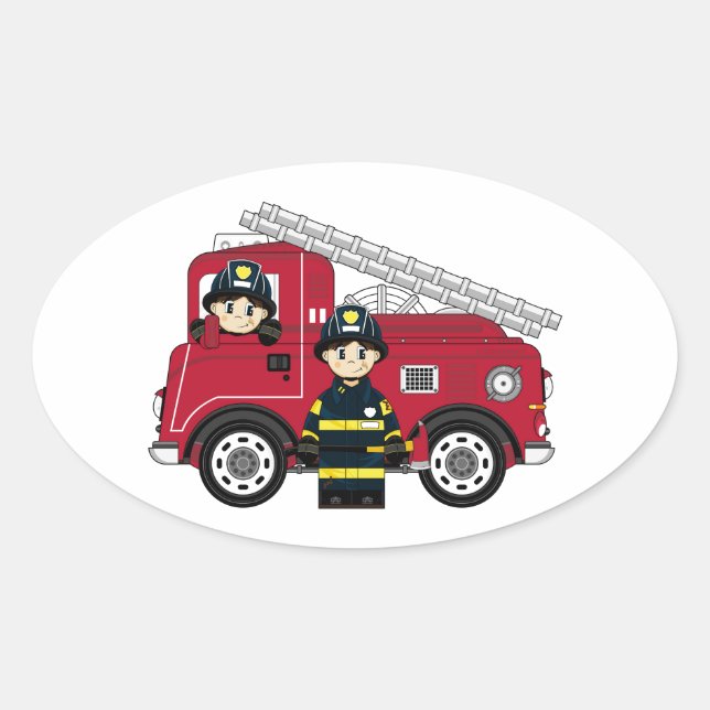 Niedlicher Cartoon Fireman Ovaler Aufkleber (Vorderseite)