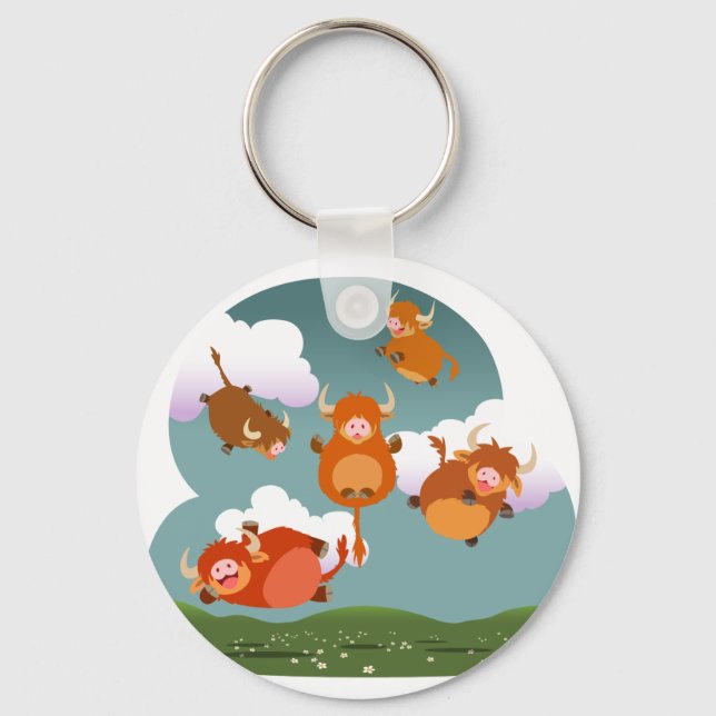 Niedlicher Cartoon Floating Highland Cows Schlüsse Schlüsselanhänger (Vorderseite)