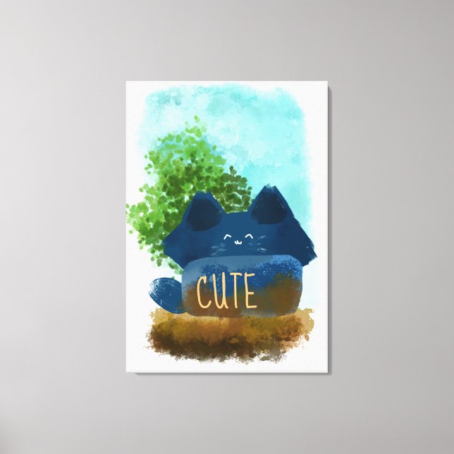 Niedlicher Cartoon Fluffy Blue Cat Lustration Leinwanddruck (Vorderseite)