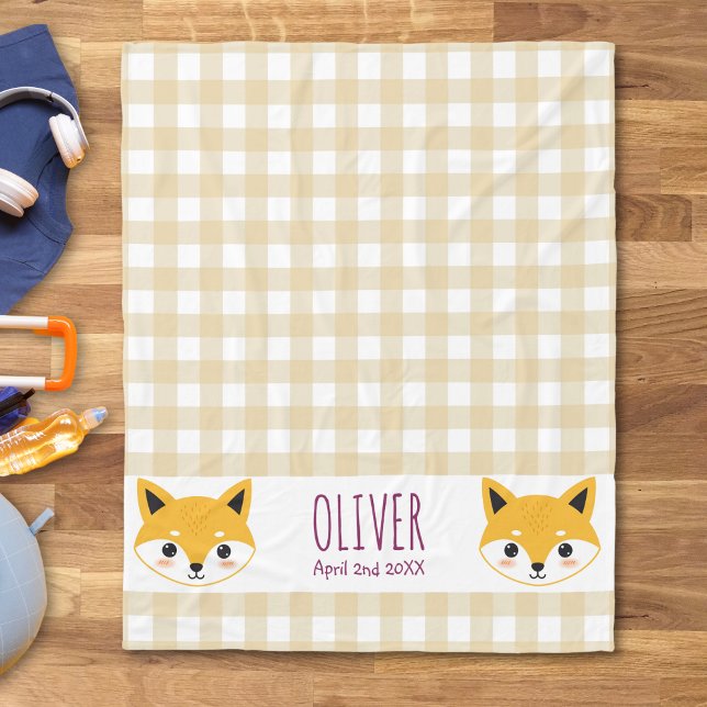 Niedlicher Cartoon Fox Head Gingham Name Birth Fleecedecke (Von Creator hochgeladen)