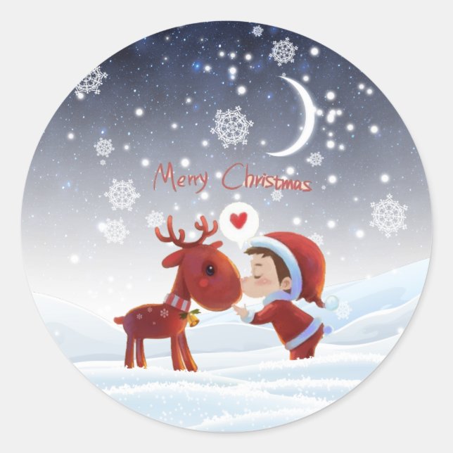 Niedlicher Cartoon Frohe Weihnachtsjunge Kissing R Runder Aufkleber (Vorderseite)