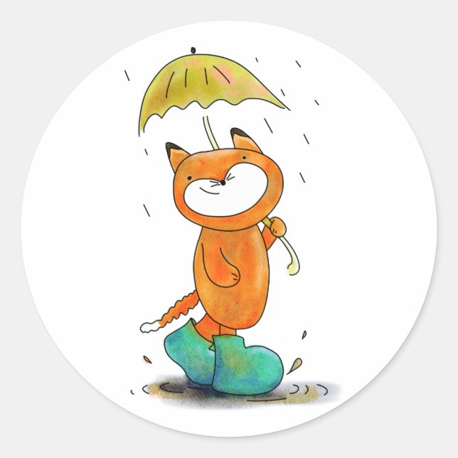 niedlicher Cartoon Fuchs im Regen mit Regenschirm Runder Aufkleber (Vorderseite)