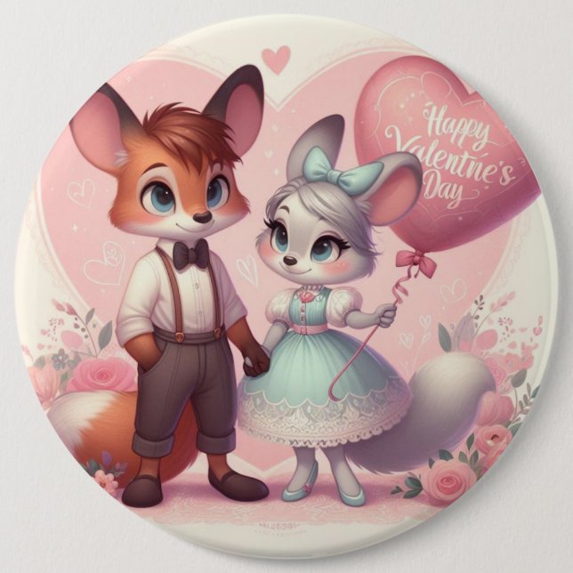 Niedlicher Cartoon Füchse Valentinstag Button (Vorderseite)