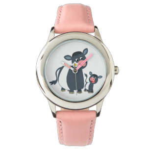 Niedlicher Cartoon Galloway Kuh und Kalb Beobachte Armbanduhr