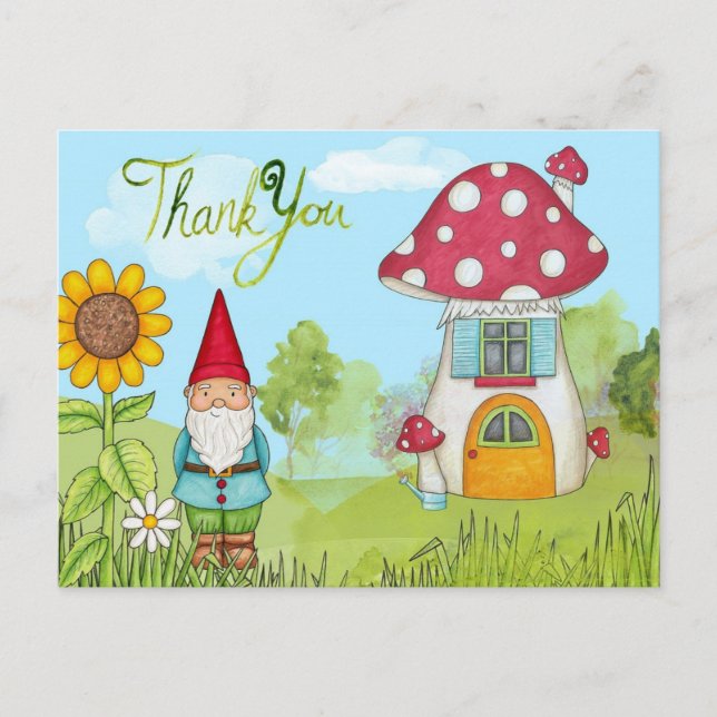 Niedlicher Cartoon Garden Gnome und Haus Vielen Da Postkarte (Vorderseite)