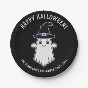 Niedlicher Cartoon Geist mit Hexenhutenhut Hallowe Pappteller