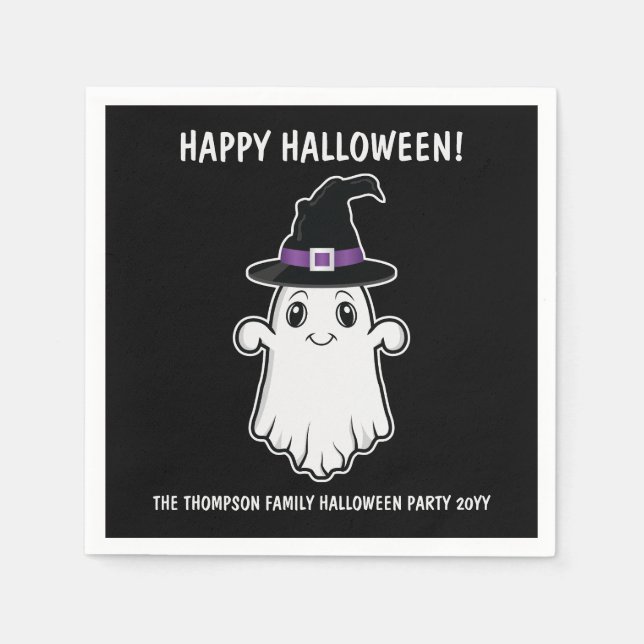 Niedlicher Cartoon Geist mit Hexenhutenhut Hallowe Serviette (Vorderseite)