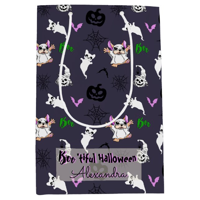 niedlicher Cartoon Ghost Bulldog Halloween-Gifttas Mittlere Geschenktüte (Vorderseite)