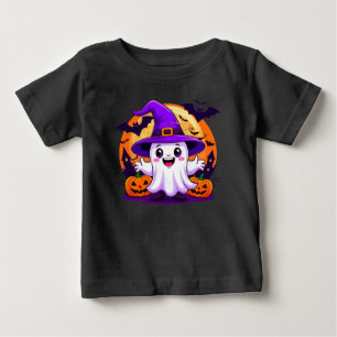 Niedlicher Cartoon Ghost in Hexenhut mit Pumpkins Baby T-shirt