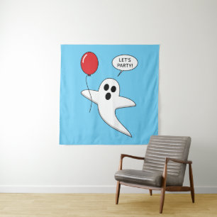 Niedlicher Cartoon Ghost mit Red Balloon Wandteppich