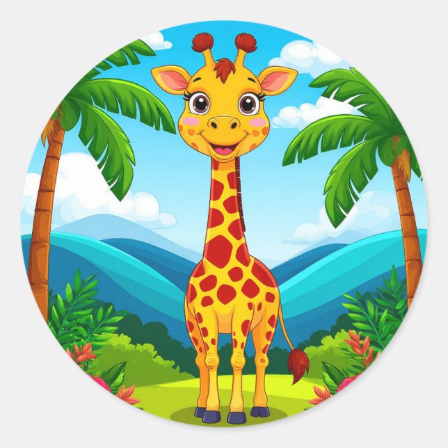 Niedlicher Cartoon Giraffe in einer tropischen Lan Runder Aufkleber (Vorderseite)