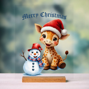 Niedlicher Cartoon Giraffe mit Weihnachtsmannmütze Acrylschild