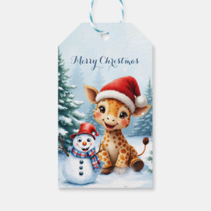 Niedlicher Cartoon Giraffe mit Weihnachtsmannmütze Geschenkanhänger