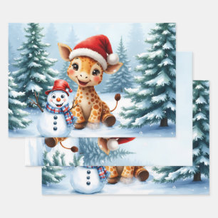 Niedlicher Cartoon Giraffe mit Weihnachtsmannmütze Geschenkpapier Set