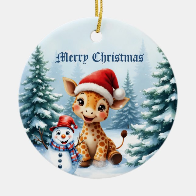 Niedlicher Cartoon Giraffe mit Weihnachtsmannmütze Keramik Ornament (Vorne)