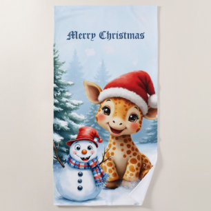 Niedlicher Cartoon Giraffe mit Weihnachtsmannmütze Strandtuch