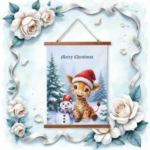 Niedlicher Cartoon Giraffe mit Weihnachtsmannmütze Wandteppich Mit Holzrahmen