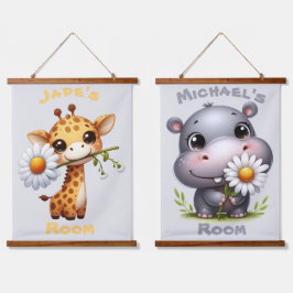 Niedlicher Cartoon Giraffe und Hippo-Kinderzimmer Wandteppich Mit Holzrahmen