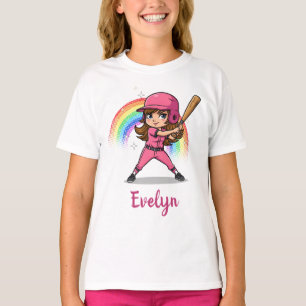 Niedlicher Cartoon Girl Baseball Player in Rosa T-Shirt