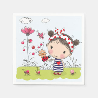 Niedlicher Cartoon Girl mit Ladybug in Garden Scen Serviette