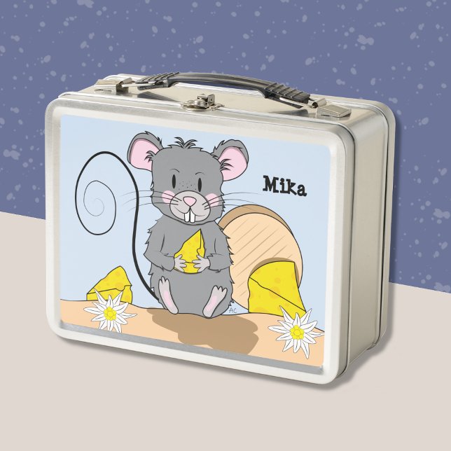 Niedlicher Cartoon Graue Maus essen Käse Kid Lunch Metall Brotdose (Cute cartoon mouse eating cheese kid lunch box .)