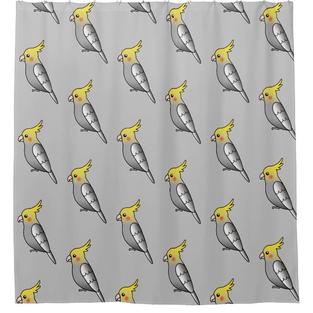 Niedlicher Cartoon Graues Cockatiel-Vogelmuster Duschvorhang (Vorderseite)